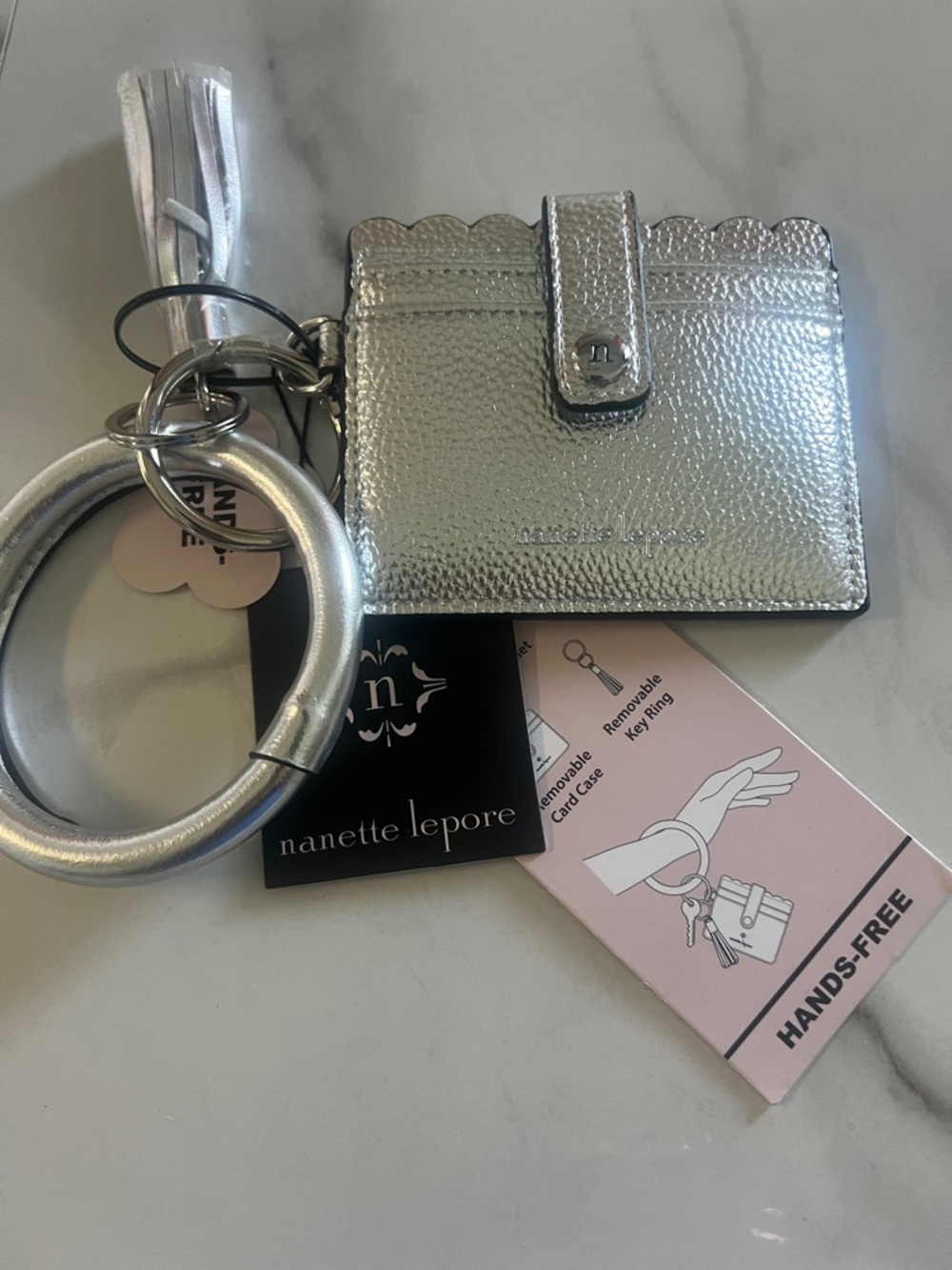 Nanette Lepore Silver Scalloped Card Case with Wristlet Keyring